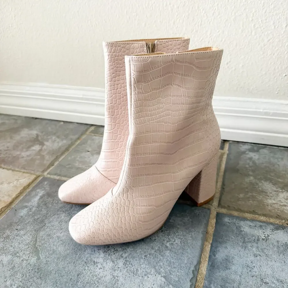 Lulus My Generation Croc Embossed Pale Pink Ankle Boots Heels 7